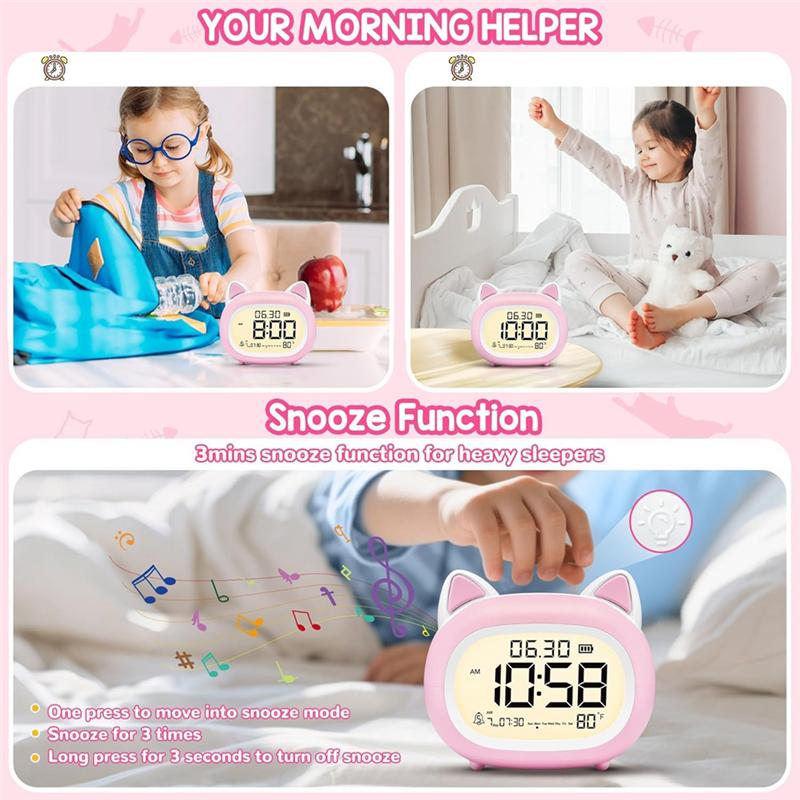 M-Modern-Cute Cat Alarm Clock With Night Light, Digital For Kids Alarm Clocks For Bedrooms, Routine Builder Pink