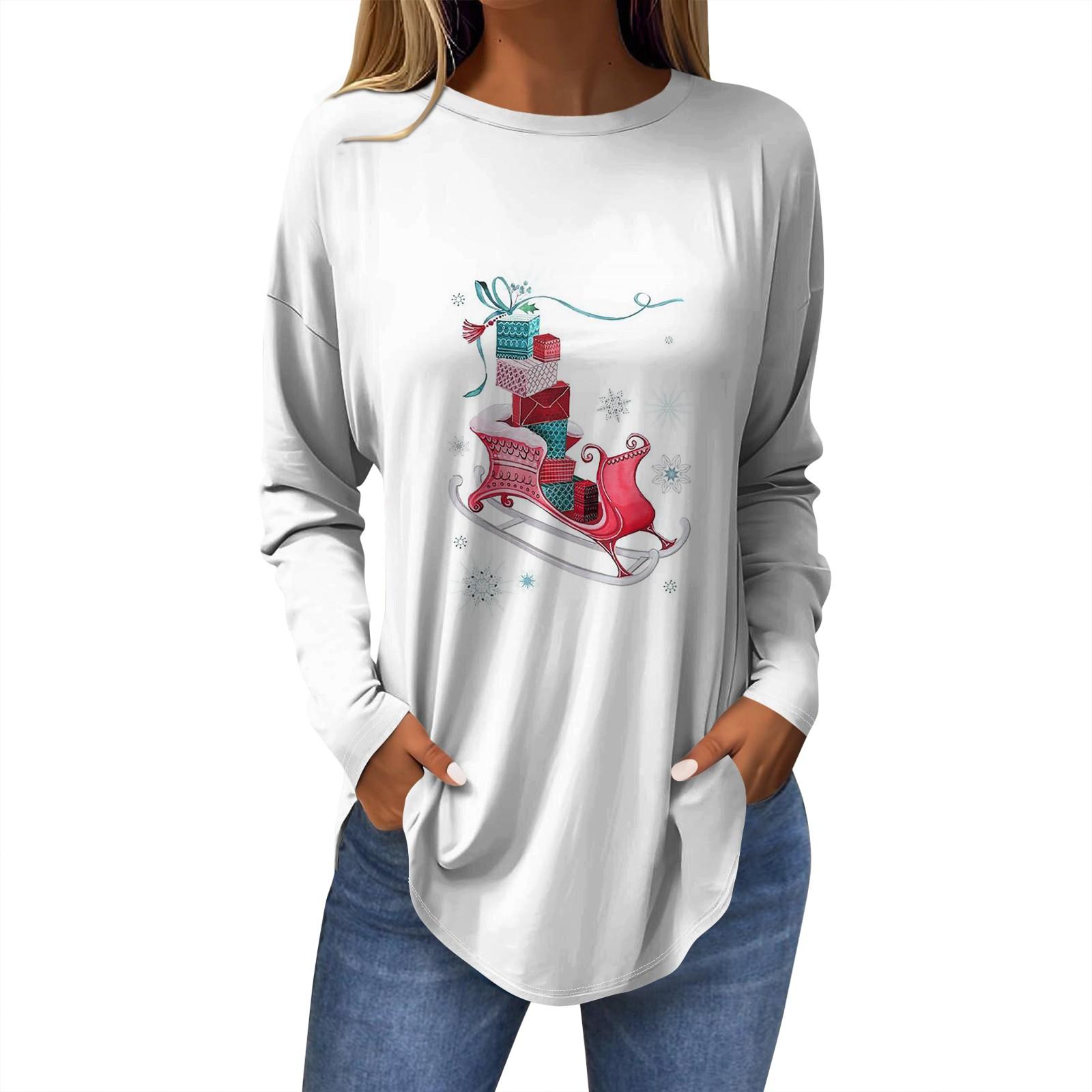 

Женская модная повседневная футболка с круглым вырезом и длинным рукавом с рождественским принтом S белый