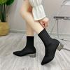 Pointed Knitted Thin Boots Flying Knitted Elastic Socks Boots Thick Heel Short Boots Women's 2025 New Autumn and Winter Large Size Black Women's Shoes