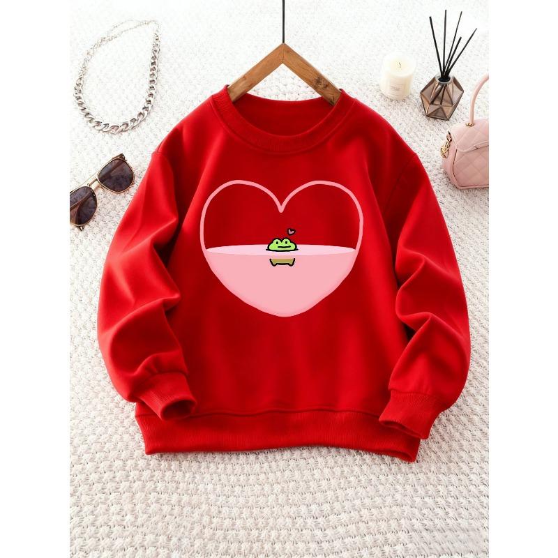 Girls Crew Neck Sweatshirt with Heart Crocodile Print | Casual Fit, Perfect for Fall/Winter, Slight Stretch Fabric 110 красный