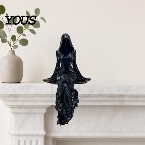 Non-fall Figurine Black Robe Girl Ornament, Gothic Dark Style Figurine, Durable PLA Material Ornament Halloween Sitter Sculpture, for E-sports