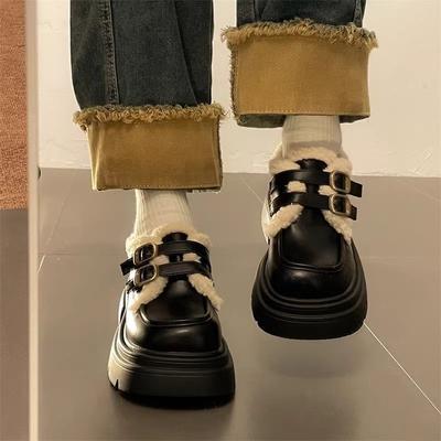 British Style Small Leather Shoes Women's Autumn and Winter New Platform Super Soft Velvet Cotton Shoes Mary Jane Shoes