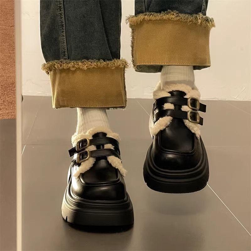 Black British Style Small Leather Shoes Women's Autumn and Winter 2025 New Platform Loafers Velvet Cotton Shoes Mary Jane Women's Shoes New