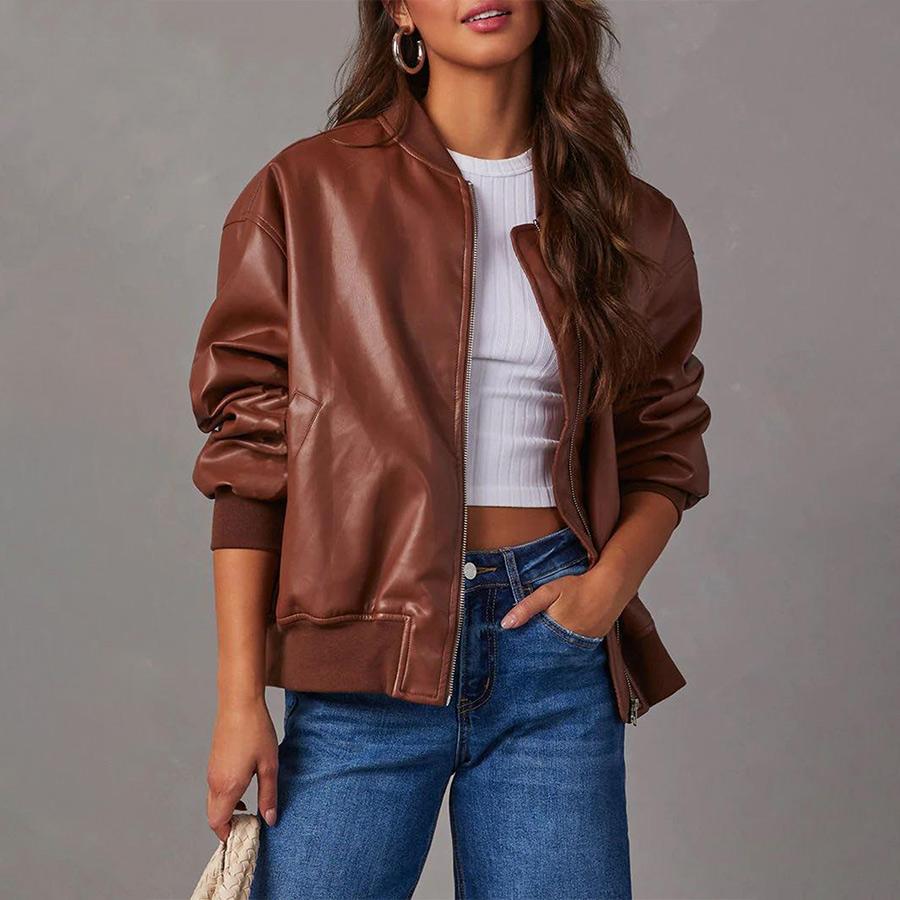 Women's Vintage Faux Leather Bomber Jacket Drop Shoulder Loose Fit Casual Street Coat