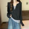 Fake Two Pieces Patchwork Pullovers Female Clothing Casual Long Sleeve Spring Autumn Korean Solid Color All-match V-Neck T-shirt