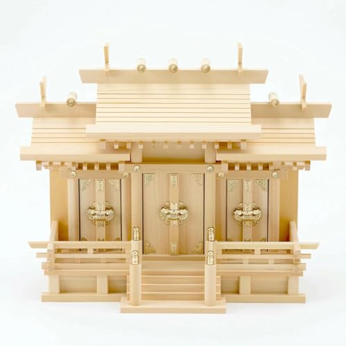 A Complete Set of Three Small Kiso Hinoki Cypress Shrines with Different Roofs from Kamidana No Sato.