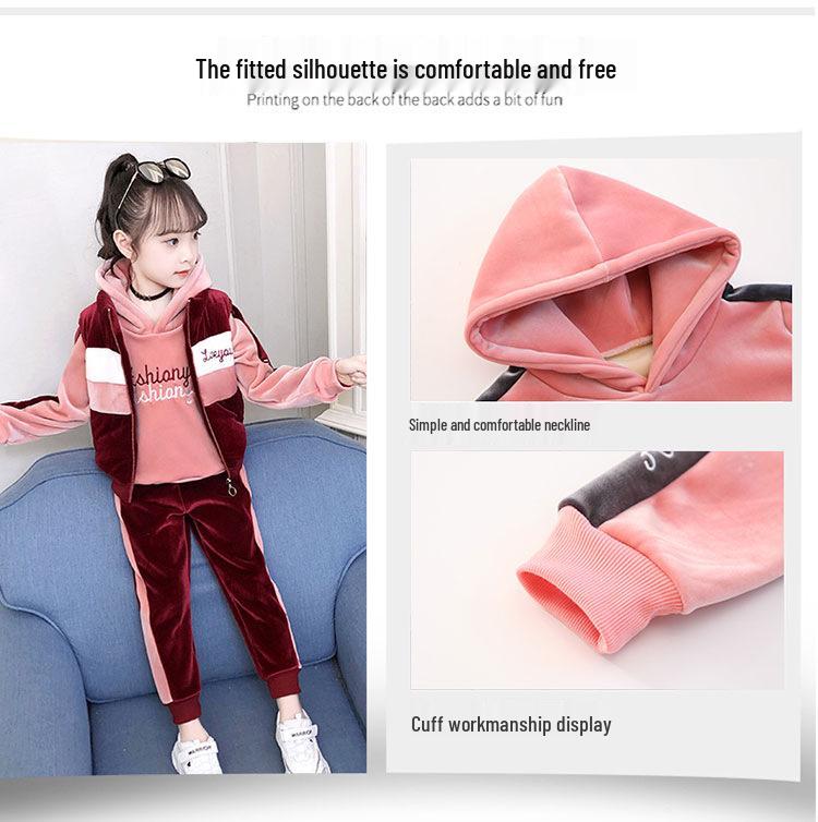 Girls' Winter 3-Piece Set: Sweatshirt, Pants, Vest - Thickened for 2025 Autumn/Winter. Suitable for Middle and Big Kids.