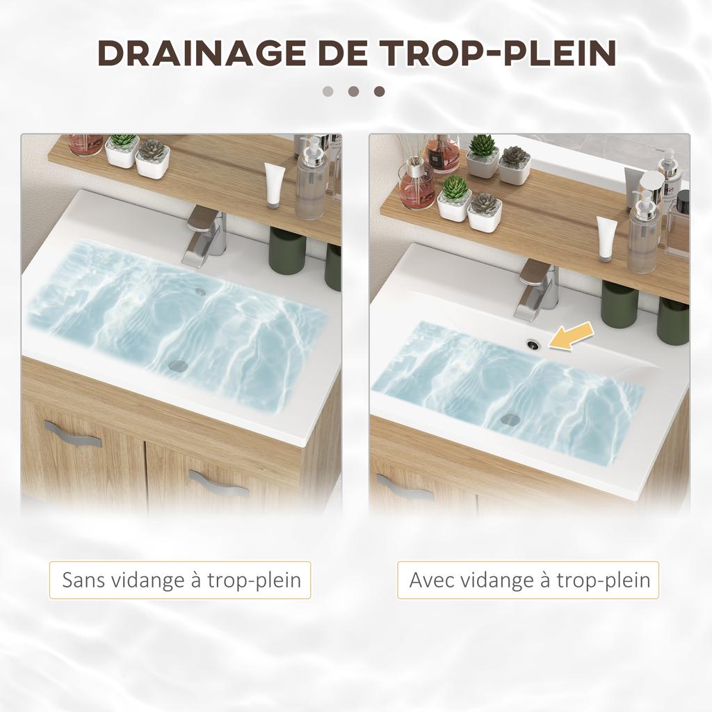 4-Piece Bathroom Furniture Set, Wall-Mounted, with Mirror, Under-Basin Unit, Basin and Tall Cabinet, Natural