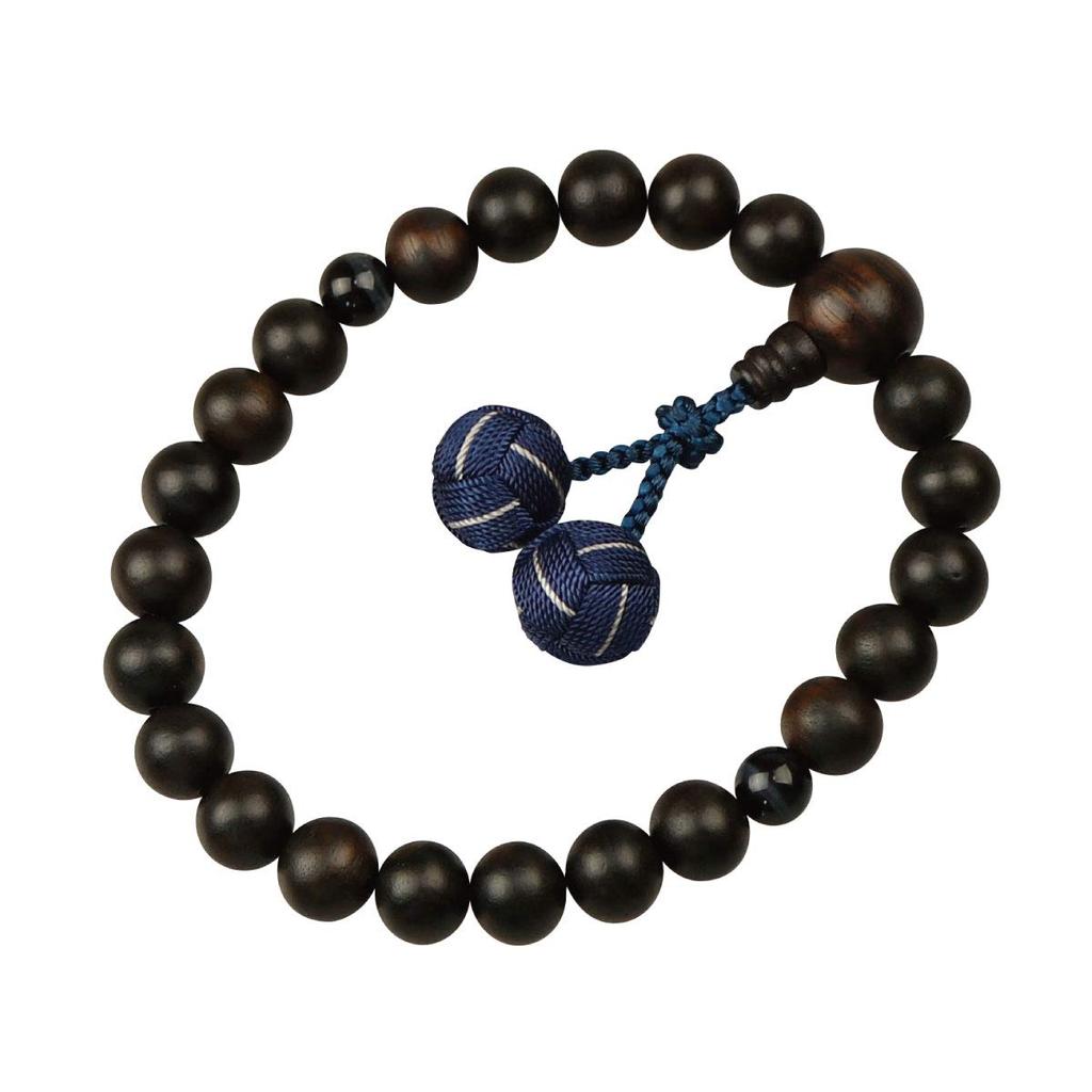 Men's Buddhist Prayer Beads, Informal, Kyoto Style, Suitable for All Sects, Unpolished, Striped Ebony, Niten, Blue Tiger's Eye Stone, Rikyu Bonten,