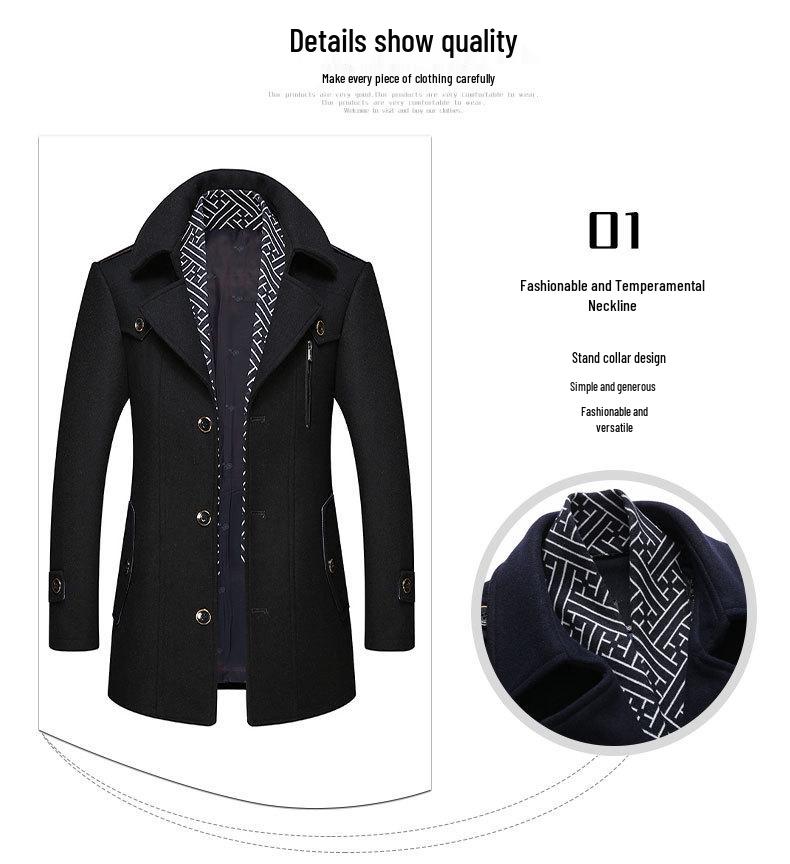 Men's Woolen Scarf Collar Overcoat - Autumn/Winter Warmth for Middle-Aged