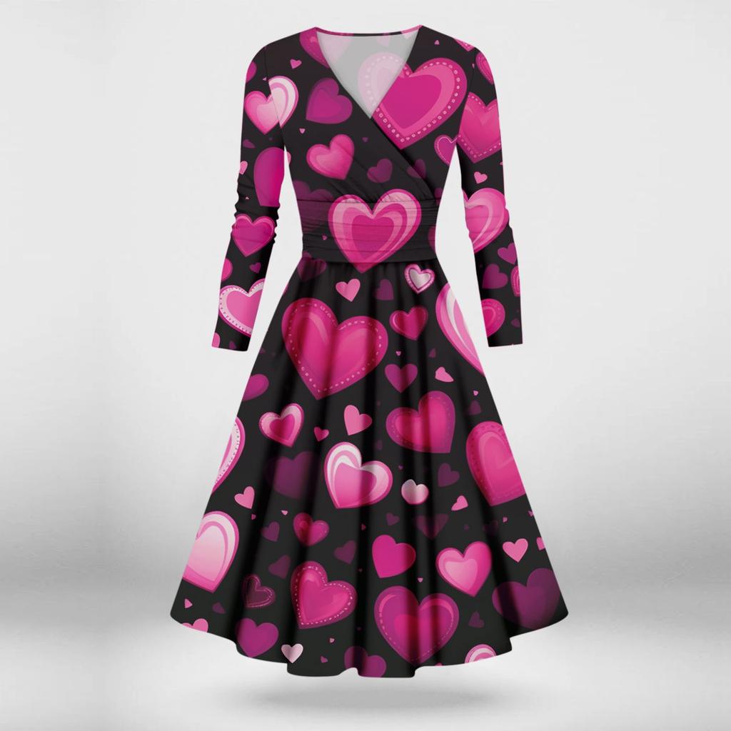 Women's Fashion Casual Valentine's Day Printed Long Sleeve V-Neck Sexy Dresses
