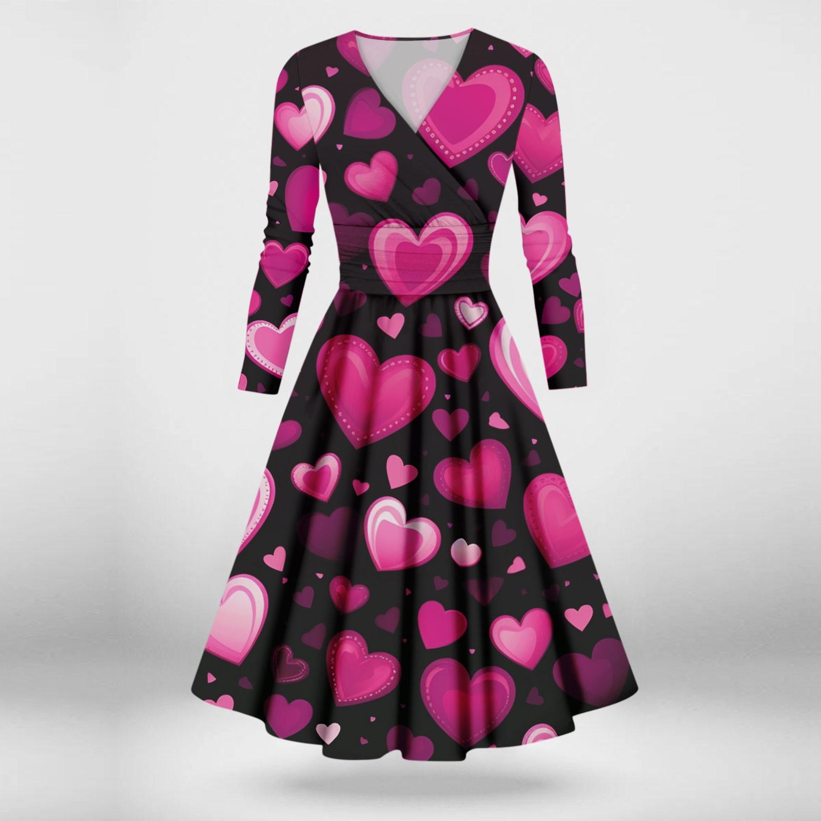 

Women s Fashion Casual Valentine s Day Printed Long Sleeve V-Neck Sexy Dresses L горячий розовый