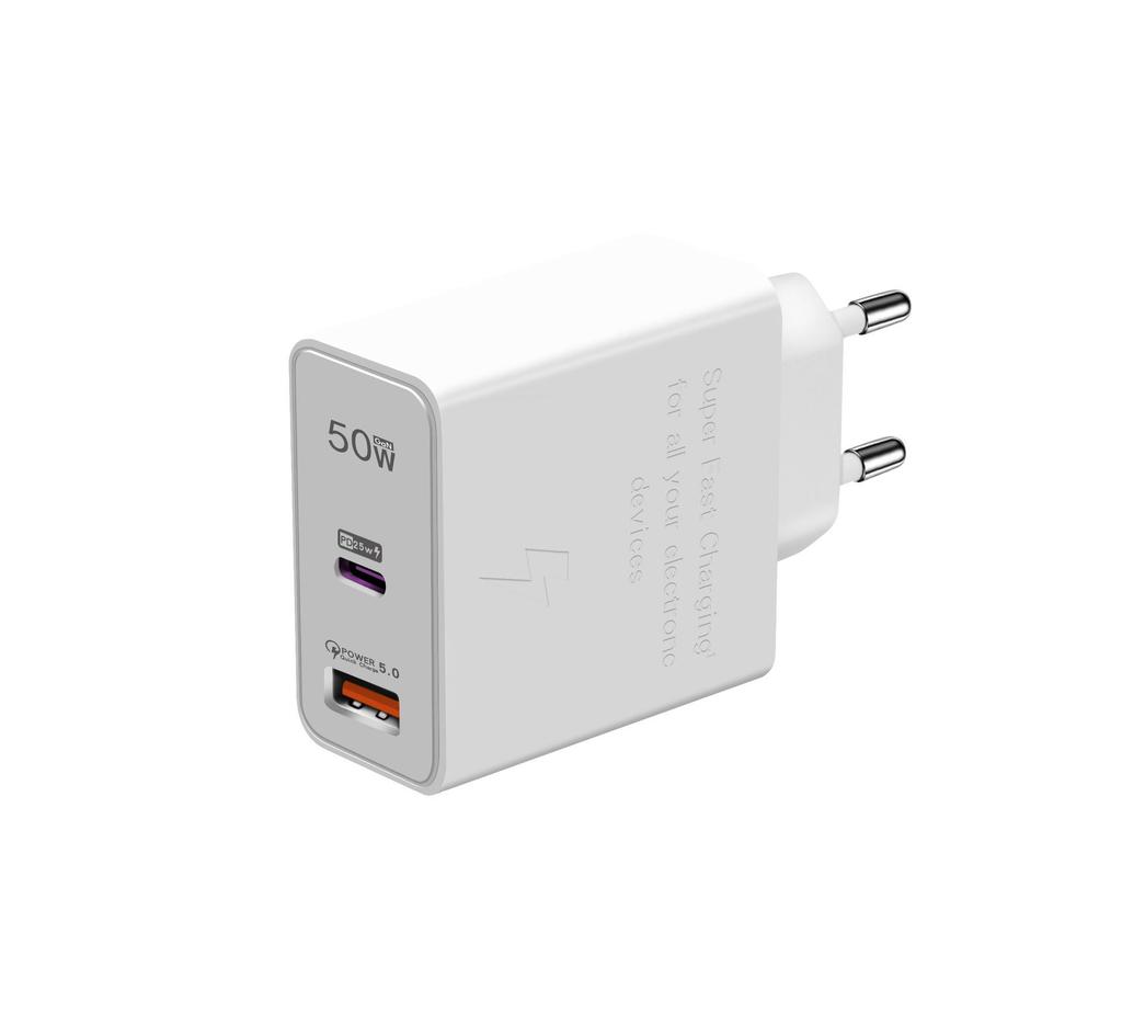 50W Dual-Port Charger, Compatible with Samsung, Huawei, and Apple Phones, PD Fast Charging Adapter for EU/US/UK Standards.