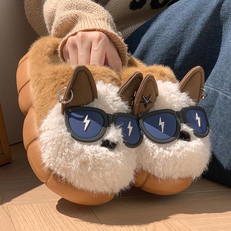 Fashion Cute Eyeglass Dog Head Fluffy Slippers Women Winter Indoor Home Thick Bottom Slippers Woman Comfort Non Slip Soft Cotton Shoes