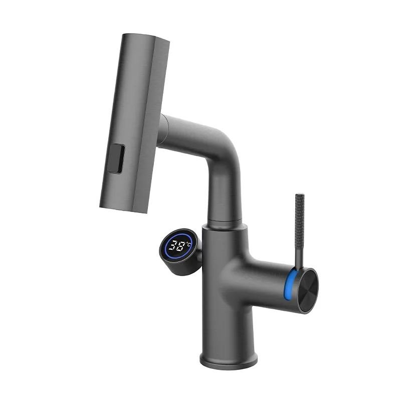 

Цифровой дисплей Смеситель для раковины Подъемный Излив Распылитель Горячая Холодная Вода Смеситель для раковины Кран для умывания Для ванной комнаты темно серый