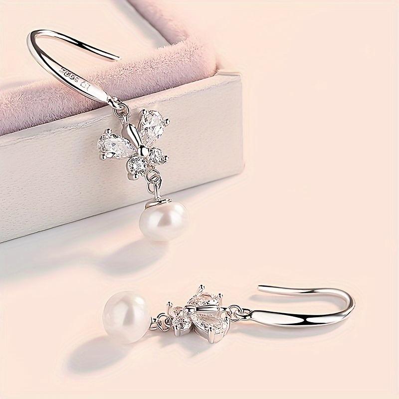 Fashionable Zircon Butterfly Paired with Imitation Pearl Drop Earrings, Elegant Bridal Wedding Jewelry, Top-notch Women's Earrings