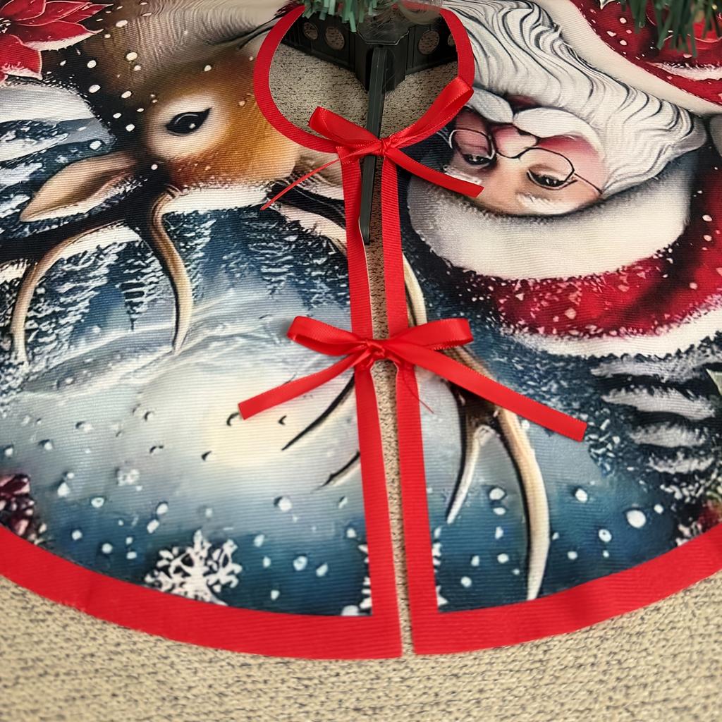 Santa Reindeer Christmas Tree Skirt,Round Non‑Slip Floor Mat,Poinsettia Winter Scenery Xmas Carpet for Holiday Home Decor