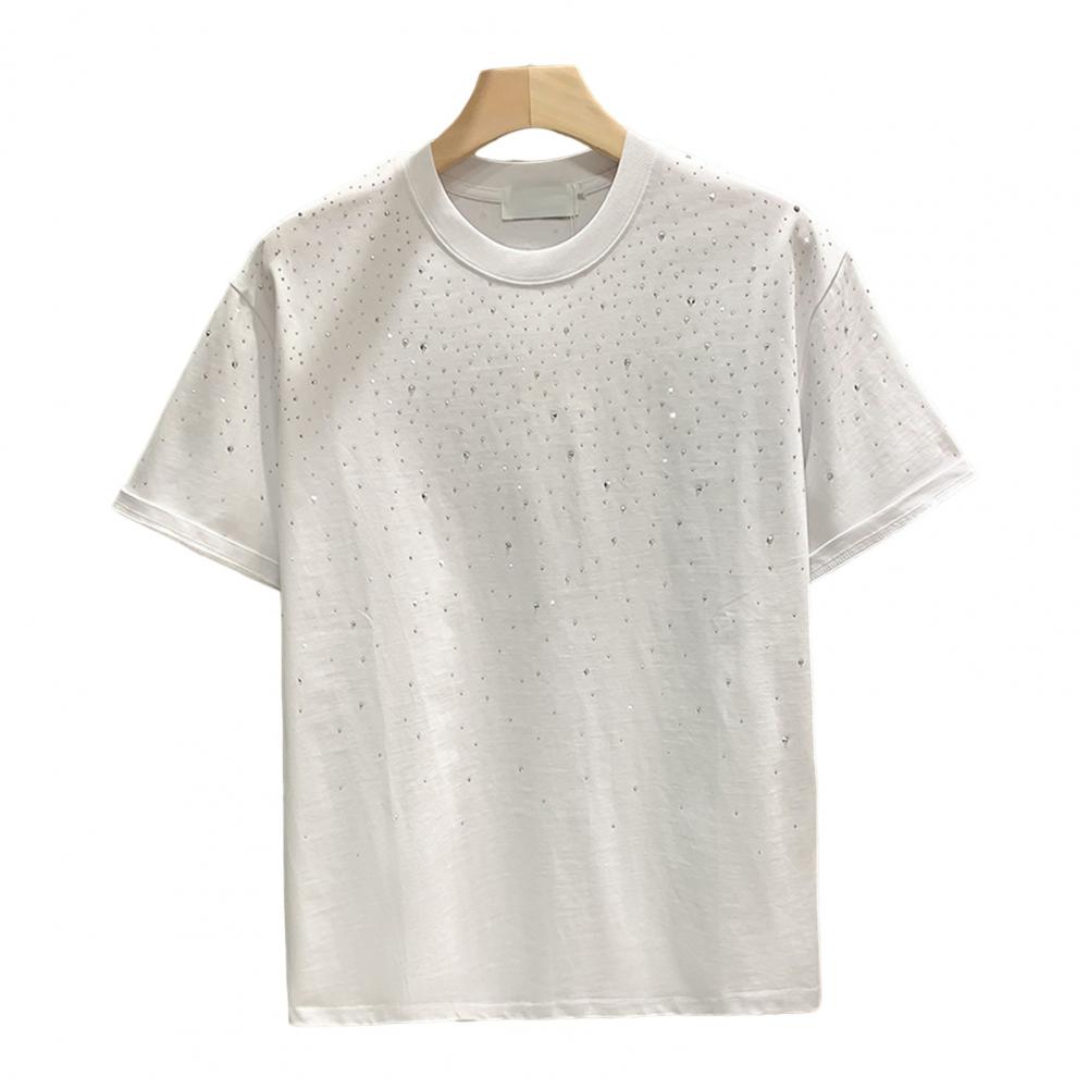 Binchi Keji Travel Zomer Heren T-shirt Strass Decor Ronde Hals Losse Pure Kleur Korte Mouwen Trui Casual Mid Lengte Dagelijkse Draag Sport Top L wit