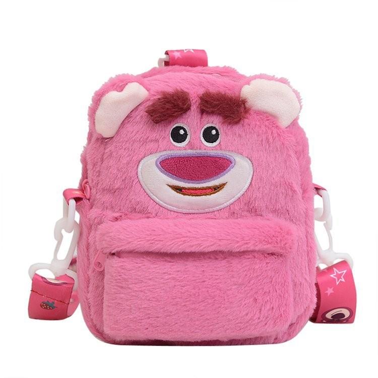 Plush Strawberry Bear Bucket Bag Kids With Net Pocket Cartoon Bag Shoulder