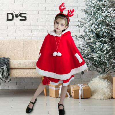 Children Christmas Cloak Hooded Drawstring Plush Ball Decor Color Matching Hooded Antler Design Thick Keep Warm Unisex Performance New Year Party