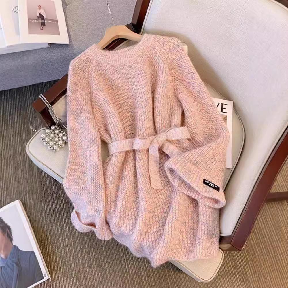 Kadın Zarif Bağcıklı Kazak Elbise Sonbahar Kış Yumuşak Bol Yuvarlak Yaka Uzun Kollu Kazak Örme Midi Boy Üst