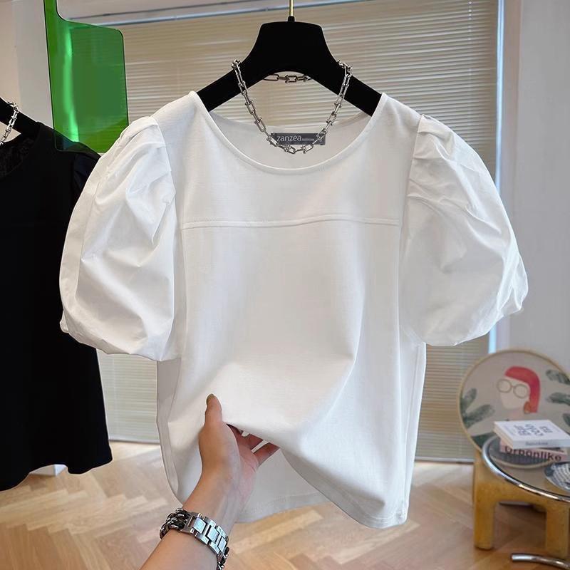 

ZANZEA Женская повседневная блузка с круглым вырезом и короткими рукавами-буфами, в стиле пэчворк L белый