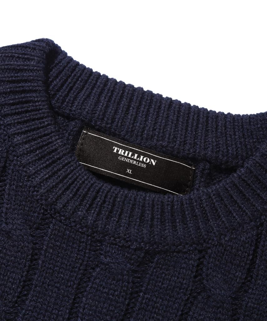 TRILLION Washable Boat Embroidery Cable Crew Neck Knit (Current Navy)