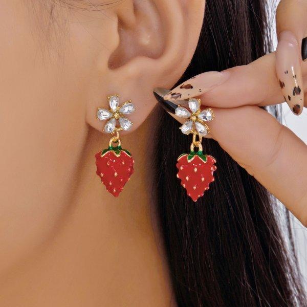 Korean Sweet Cute Strawberry Ribbon Bowknot Drop Earrings for Women Cute Fruit Cake Cup Dangle Earring Girls Lovely Zircon Gift