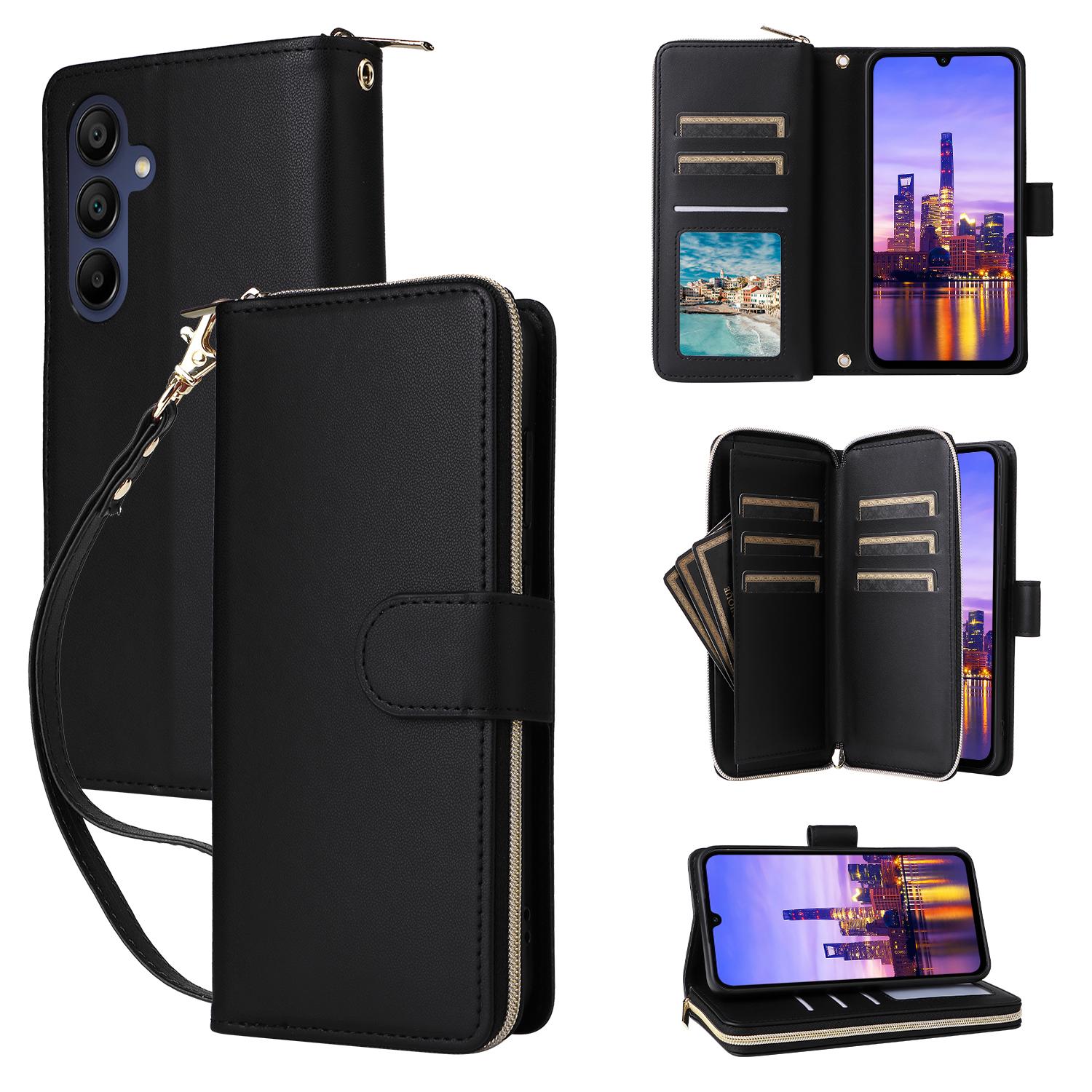 

R20 For Samsung Galaxy A16 5G/A16 4G Case Zipper Pocket PU Leather Cover with 9 Card Slots Black