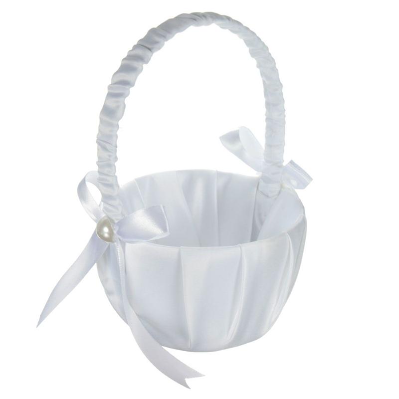 Panier de Demoiselles d'Honneur Fleur Blanche Satin Blanc Nœud Perle Paniers à Fleurs pour Dames 2025 Accessoires de Mariage Fournitures