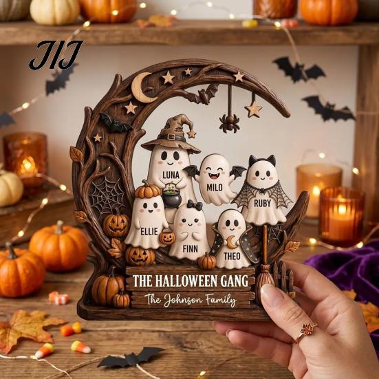 Gifts for Halloween Ghost Family Wooden Plaque, Pumpkin Couple Tabletop Sign, Decorative Plaques Farmhouse Home Ornament Tiered Tray Shelf Decor Theme