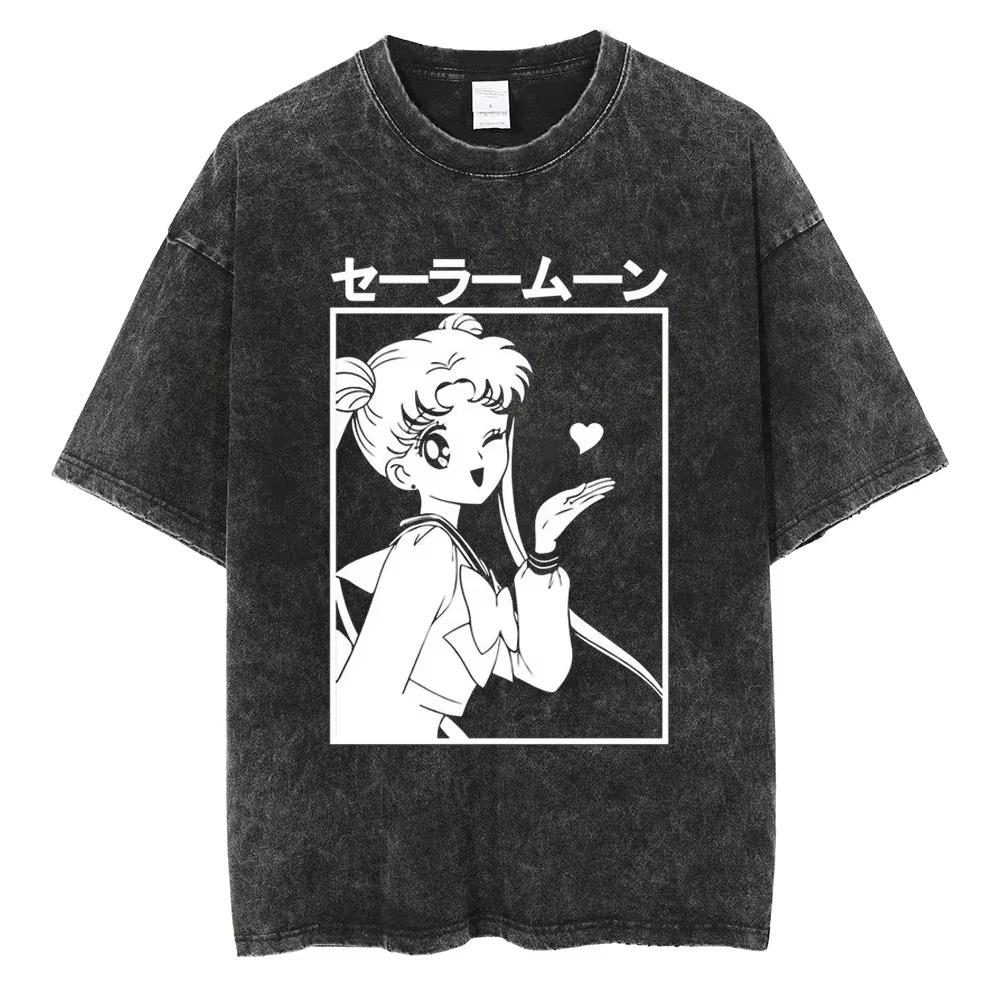 MINISO Maglietta Lavata Stampata Anime Sailor Moon Estate Nuova Cotone Uomo e Donna Larga Casual Retro Trendy Manica Corta Top