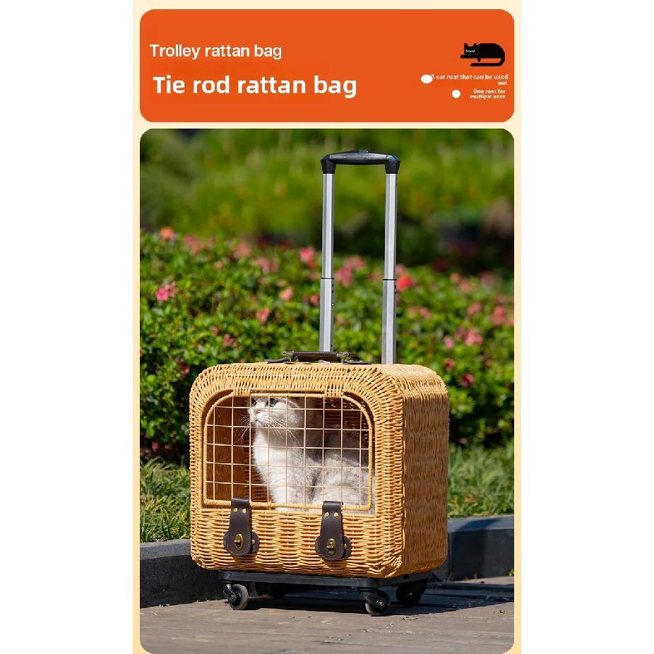 Tragbare Katzentransportbox Stilvoller Haustier-Rollkoffer Große Kapazität Geflochtene Haustier-Reise-Atmungsaktive Trolley-Box für Katzen & Kleine Hunde