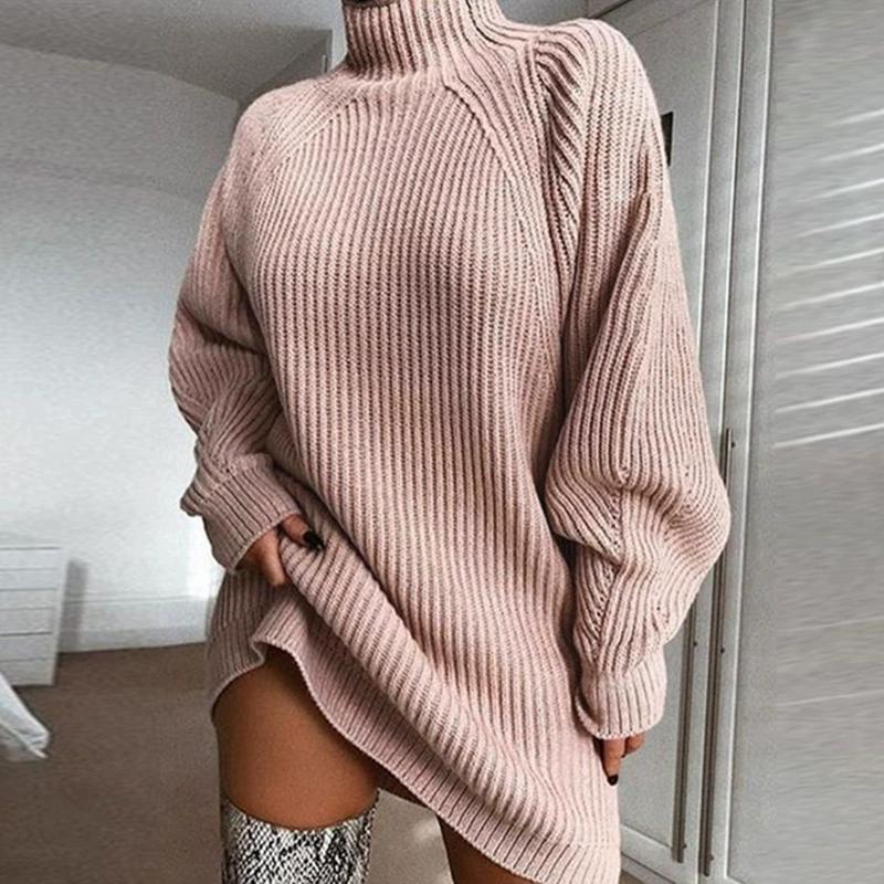 Autumn Winter Women's Solid Color Loose Knitted Sweater Dress Women Long Sleeve Turtleneck Pullover Knit Dress