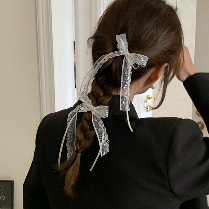 2Pcs Korean Lace Bow Hair Clip Trend Long Ribbon Hairpins Barrettes Headband For Women Girl Hair Accessories