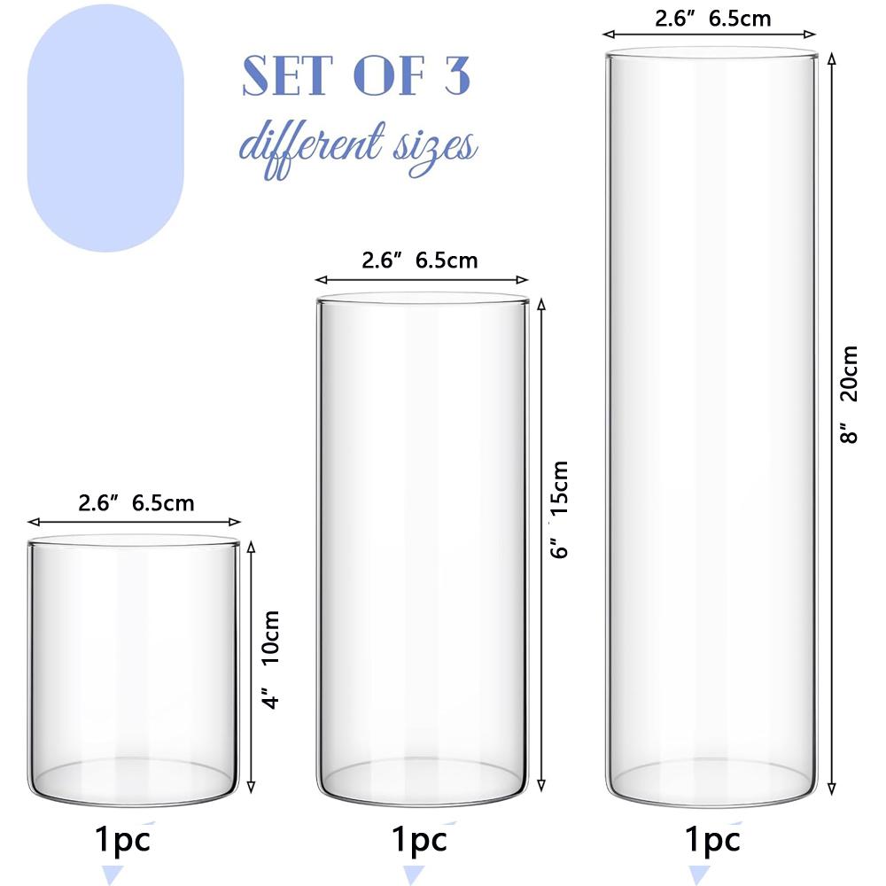 

Glass Cylinder Vases 3 Different Sizes Tall Clear Flower Vase for Centerpieces, Hurricane Candle Holder Wedding Decorations
