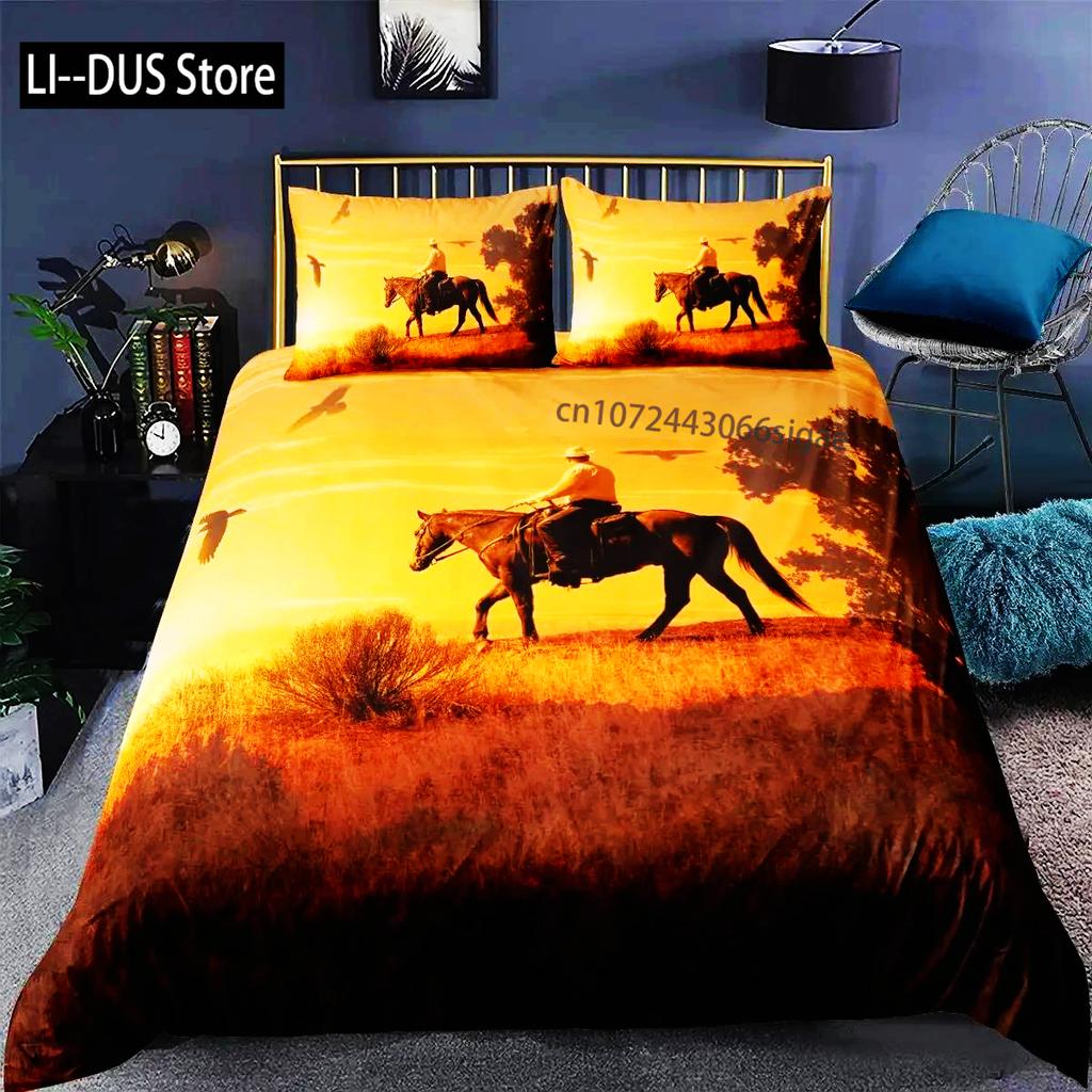 Comforter Horse Animal Bedding Set For Boys Teens Western Cowboy Sunset Scenery Double Queen King Size Polyester Qulit