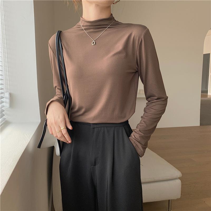 

Осенний однотонный облегающий базовый топ для девочек, теплый с длинными рукавами и полувысоким воротником ONE SIZE кофейный