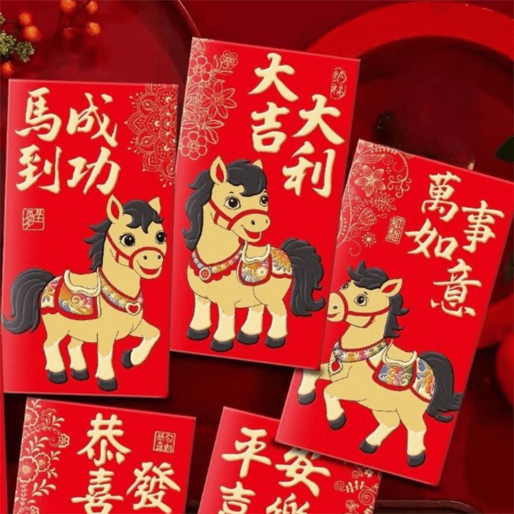 6pcs Traditional Lucky Red Pockets 2026 Horse Year Spring Festival Red Envelope Chinese New Year