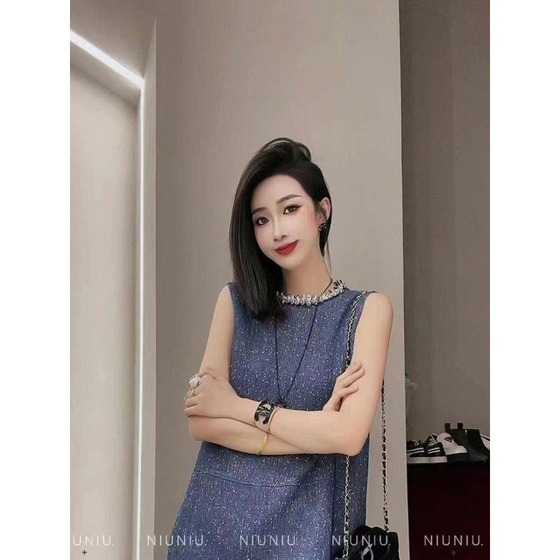 Super White Navy Blue Vest Dress! Elegance Women's Large Rhinestone Round Neck Small A- Line Woolen Dress Fall and Winter