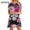 A-Linien-Minikleid Damen 2026 Sommer 3D-Druck Rose Partykleid Damen Kurzärmelig Locker Lässig Rundhalsausschnitt Kleid