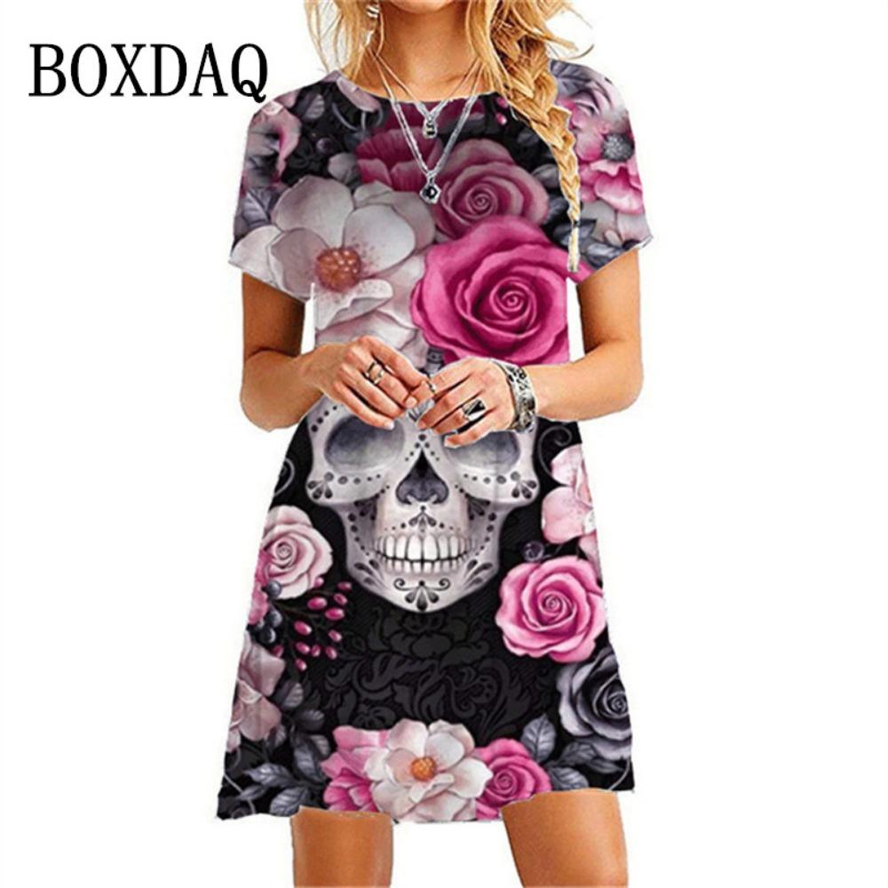 A-line Mini Dress Women 2026 Summer 3d Printing Rose Party Dress Women Short-sleeved Loose Casual Round Neck Dress S