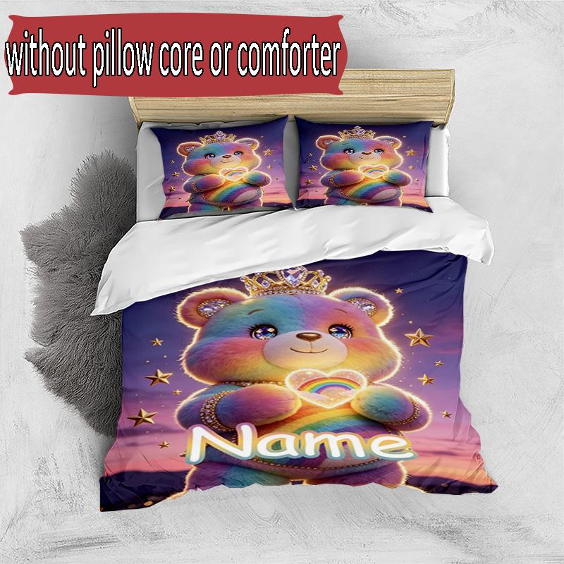 3'lü Nevresim Takımı (1*Nevresim Kılıfı + 2*Yastık Kılıfı, Çekirdeksiz), Kişiye Özel İsimli Care Bears Desenli Nevresim Takımı, Ev Yatak Odası Dekorasyon Hediyesi