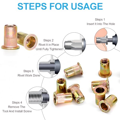 200Pcs 1/4"-20 UNC , Plated Carbon Steel Threaded Insert Ert Riv Kit
