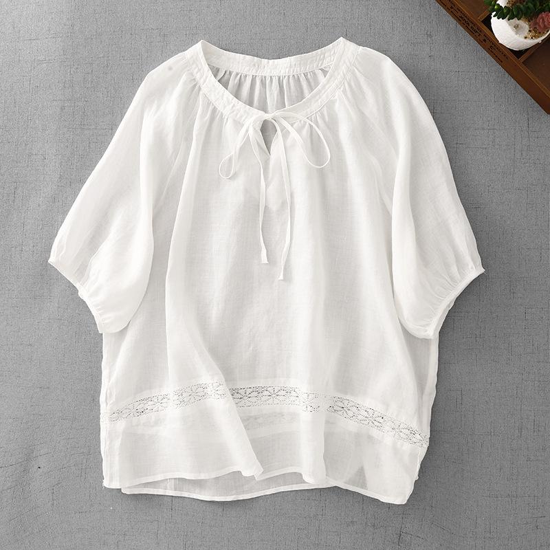 

2026 Summer Women s Plus Size Lace-up Patchwork Shirt with Hollow Five-point Sleeves Double Extra Large белый
