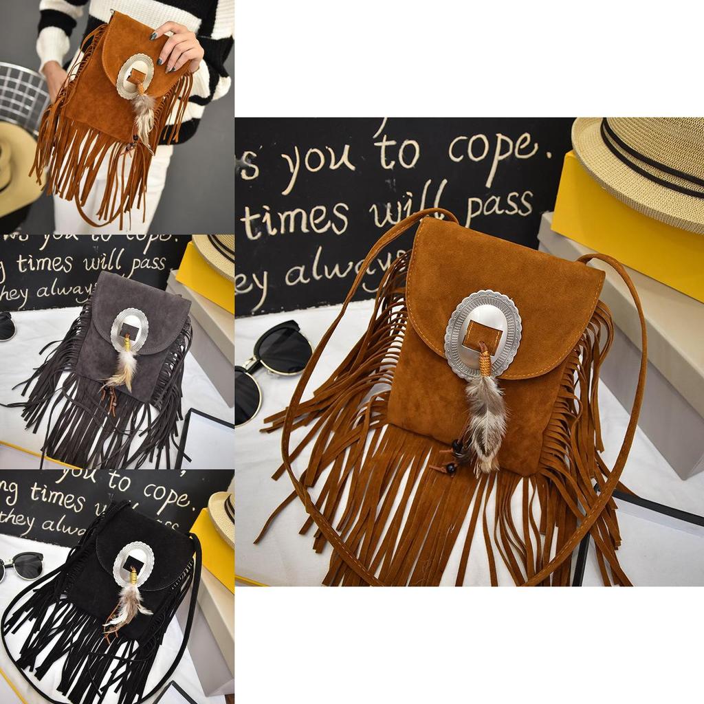 Bohemian Feather Tassel Shoulder Bag With Polyester Lining For Casual Outings
