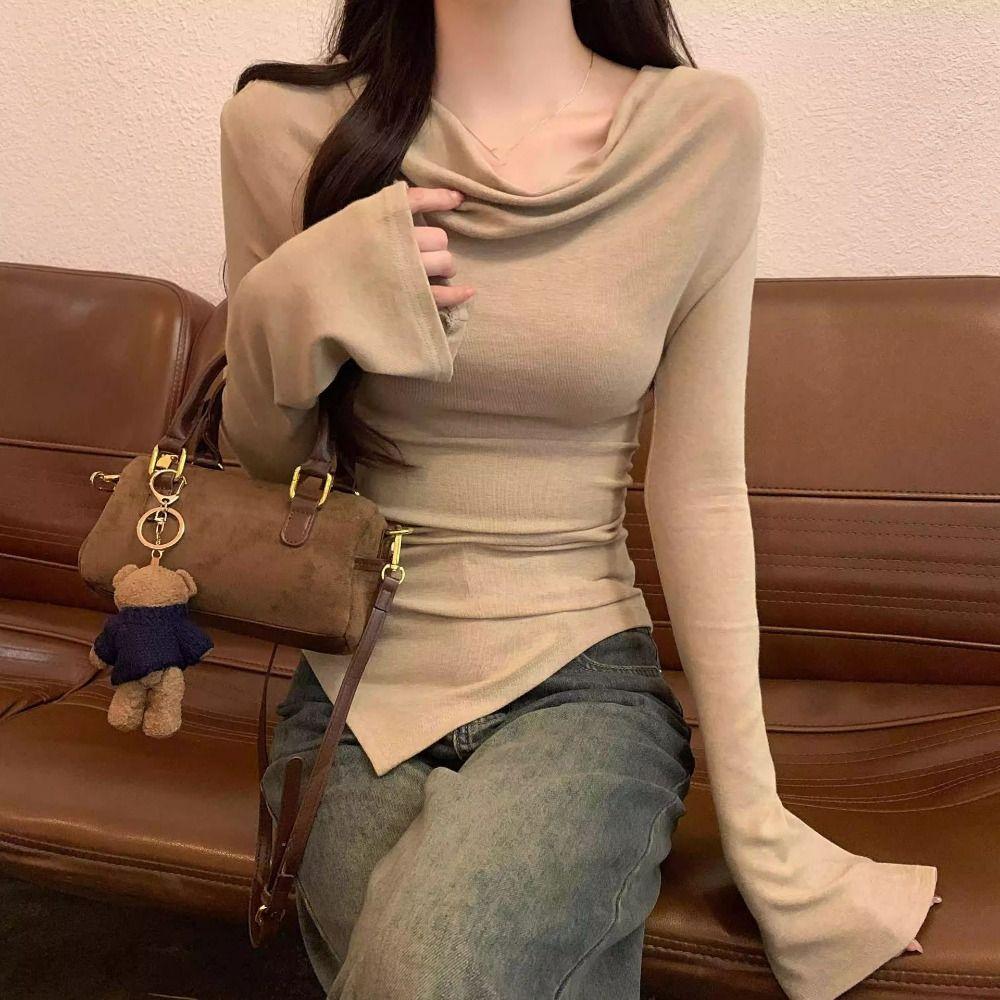 Chic Slanted Shoulder Pullover Slim Fit T Shirts Women Y2k Comfortable Long Sleeve T-shirt  Female