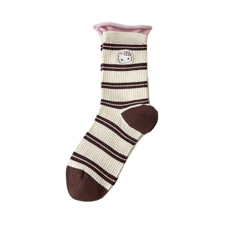Women's Mid-Calf Colorblock Cat Embroidery Socks - Autumn/Winter Bubble Rolled Edge