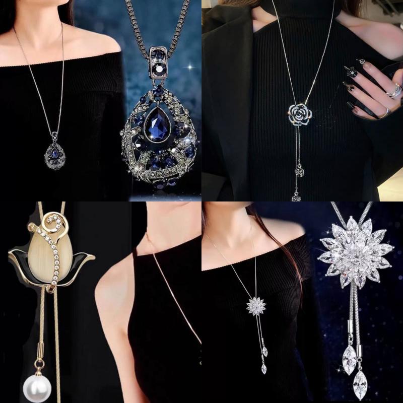 1Pcs New Trendy Korean Fashion Clothes Pendant Geometric Jewelry Vinatge Crystal Water Drop Sweater Long Necklaces For Women