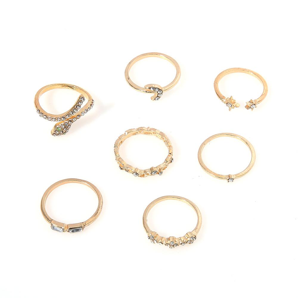 Full Of Diamond Stars Moon Snake Personality Retro 7-Piece Ring Female